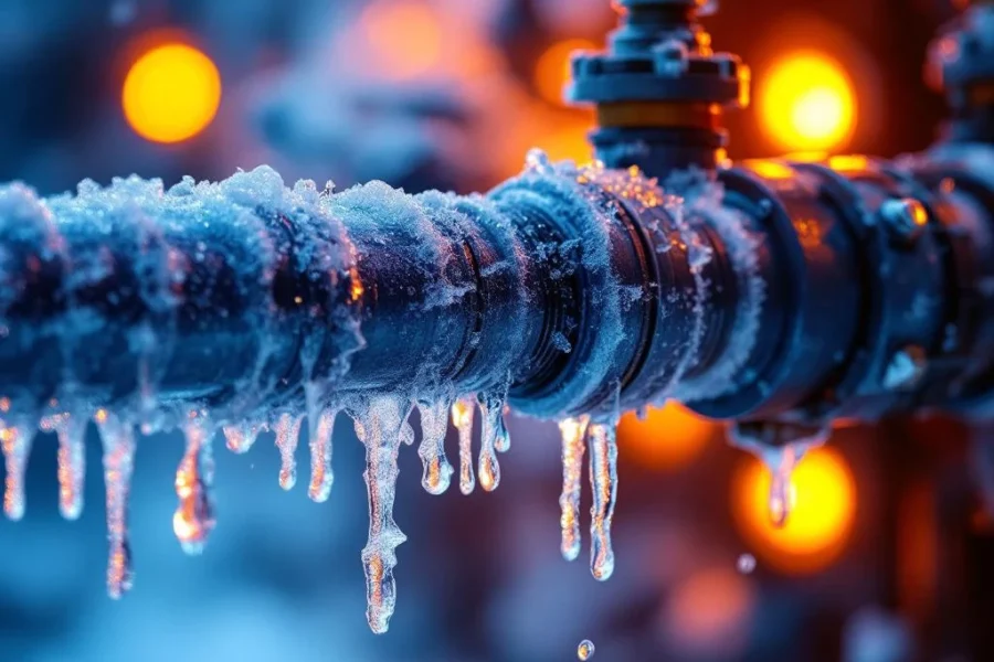 Bevroren sprinklerbuizen met ijskristallen en vorst, verlicht door oranje noodverlichting in de achtergrond