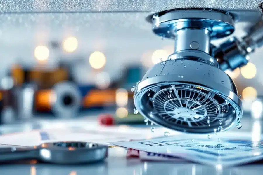 Chrome sprinkler op wit plafond met waterdruppels, onderhoudsgereedschap en euro bankbiljetten op achtergrond