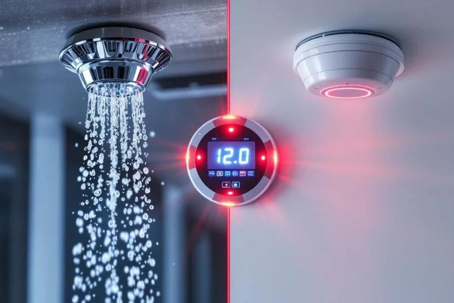 Brandveiligheidssystemen met sprinklers, rookmelders en verlicht controlepaneel verbonden door datakabels