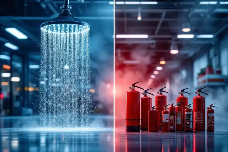 Moderne sprinklerinstallatie met waterdruppels naast draagbare brandblussers in commercieel gebouw interieur