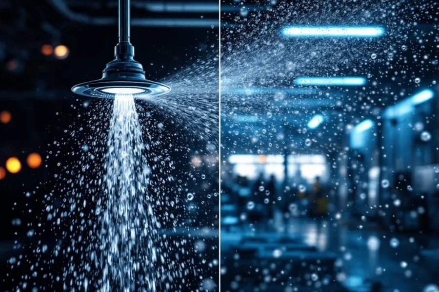 Moderne sprinklerinstallatie en brandbeveiligingssystemen met CO2-nozzles en schuimdispensers in industriële omgeving