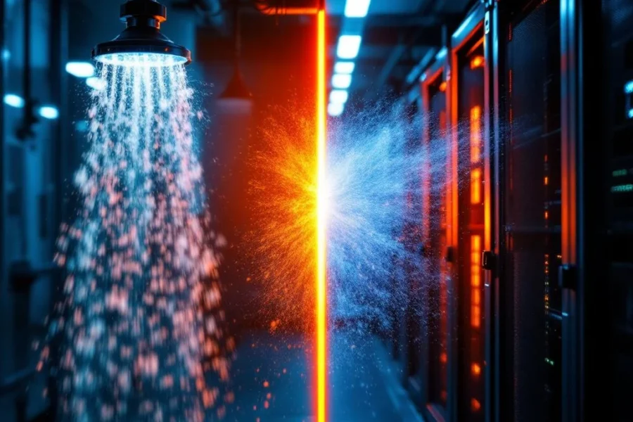 Brandsprinklers spuiten water naast moderne gasonderdrukkingssystemen in professionele kantooromgeving