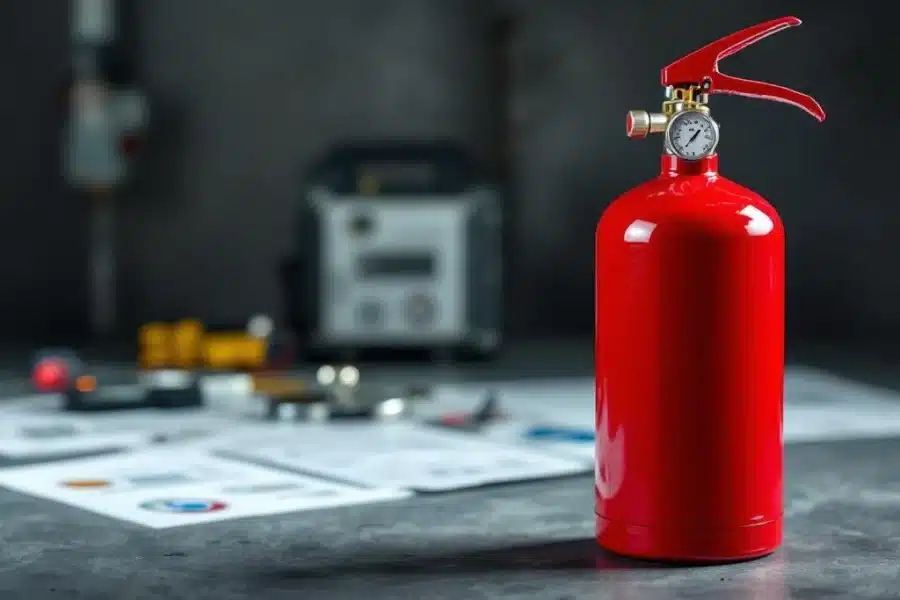 Rode brandblusser met zilveren drukmeter op industriële ondergrond, inspectiedocumenten en certificaten op achtergrond