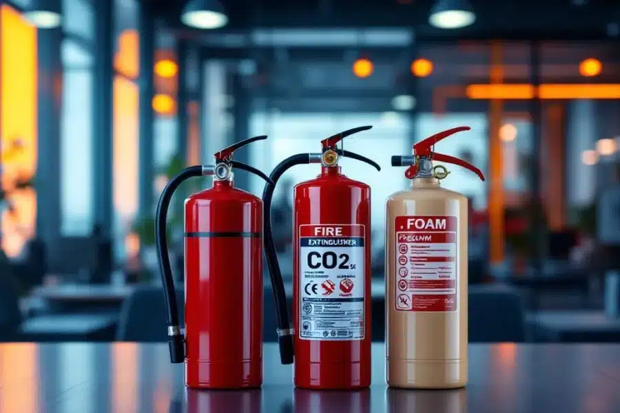 Drie brandblussers op kantoorbureau: rode poeder-, zilveren CO2- en crème schuimblusser in moderne werkomgeving