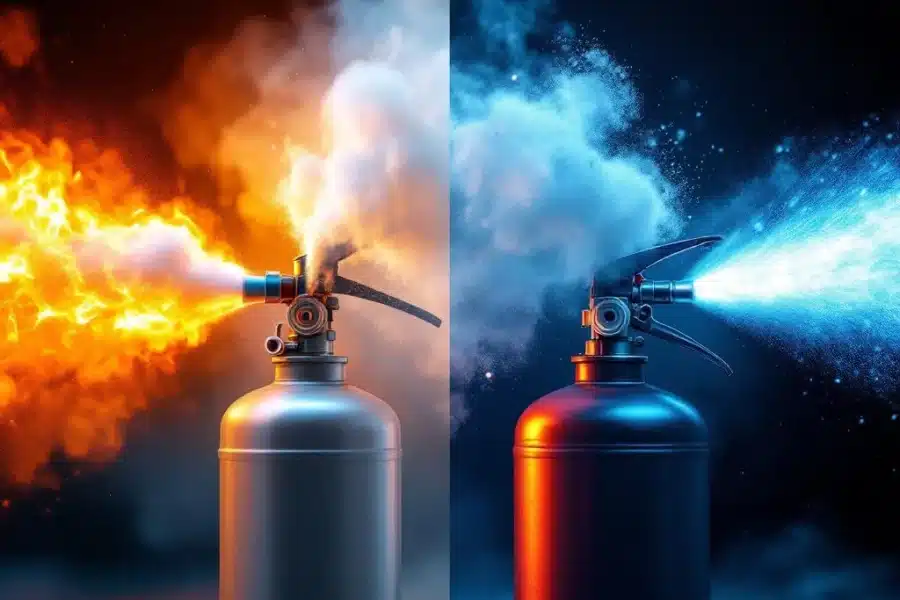 Vier verschillende brandblussers in actie tegen vlammen: CO2, schuim, poeder en water suppressiesystemen