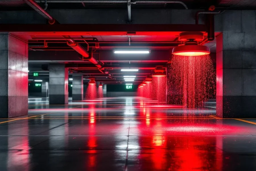 Moderne ondergrondse parkeergarage met rode sprinklerkoppen aan betonnen plafond en gele parkeervakken