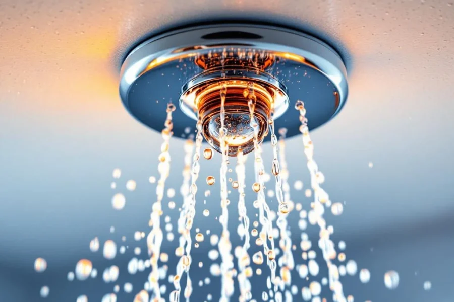 Chromen sprinkler op wit plafond spuit water met oranje branddetectie-verlichting, glazen temperatuurgevoelige bol zichtbaar