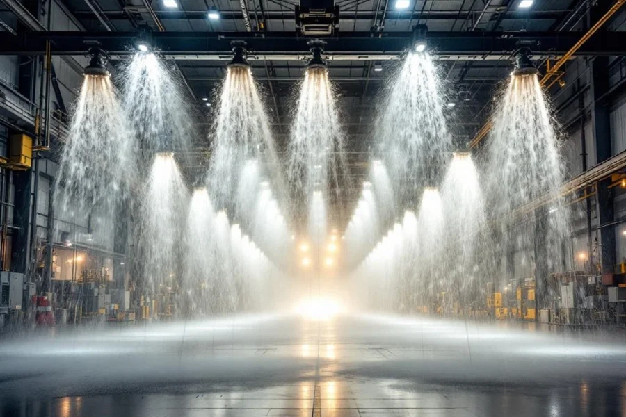 Industriële sprinklerinstallatie in actie met krachtige waterstralen in moderne fabriek met stalen balken en noodverlichting