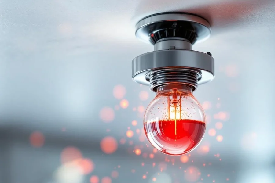 Moderne brandsprinkler met rode thermosensitieve glazen bol gemonteerd op wit plafond, metalen componenten zichtbaar