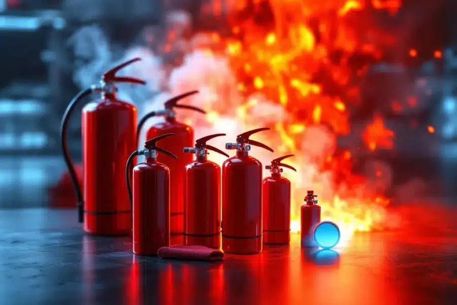 Professionele brandblusapparatuur met rode blussers, branddetector en sprinklerinstallatie voor veiligheidsbedrijf