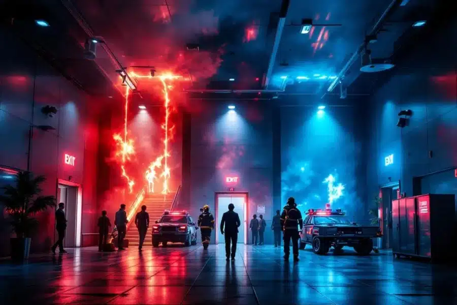 Kantoorgebouw evacuatie met branddetectie, noodverlichting, vluchtroutes, hulpdiensten en hersteloperaties in actie