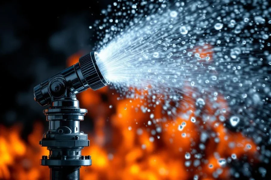 Sprinkler sproeit water tegen vuur en rook, brandblussingssysteem in actie tijdens noodsituatie