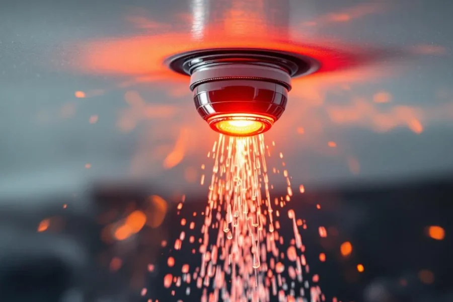 Chromen sprinkler met gloeiende rode glazen bol spuit water terwijl vlammen en rook op de achtergrond wervelen