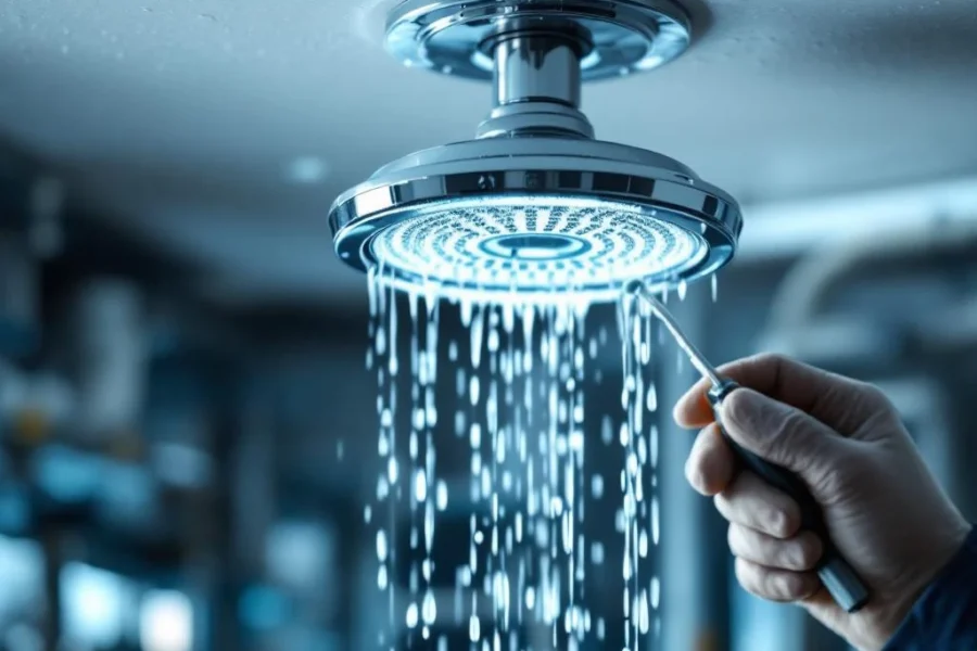 Technicus inspecteert chromen sprinkler met professioneel gereedschap op wit plafond met waterdruppels