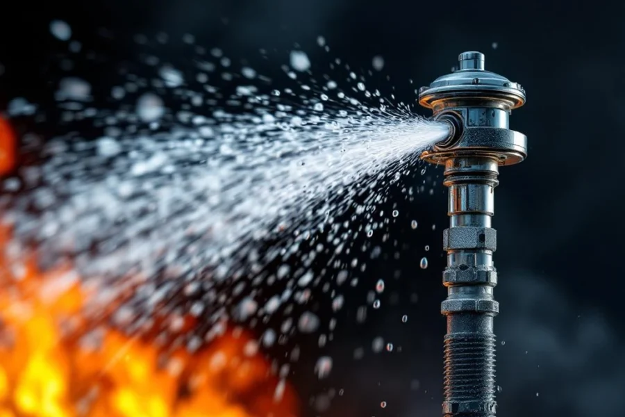 Sprinkler kop spuit water tegen vlammen en rook, brandbeveiliging systeem in actie met waterdruppels in de lucht