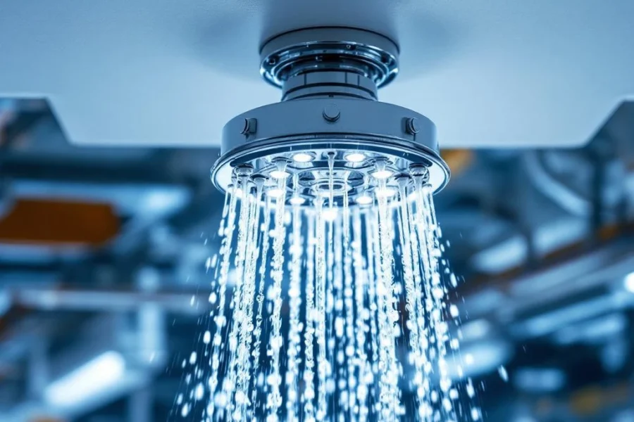 Chrome brandsprinkler op wit plafond sproeit water in fijne nevel, met glanzende metalen onderdelen en industriële achtergrond