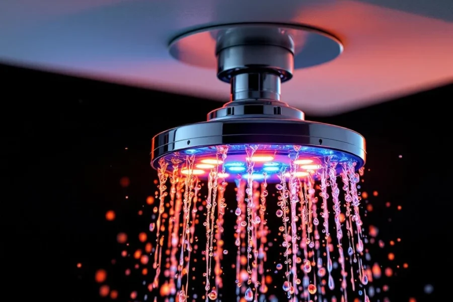 Chromen sprinklersproeikop op wit plafond met waterdruppels in actie, verlicht met oranje en blauwe industriële verlichting