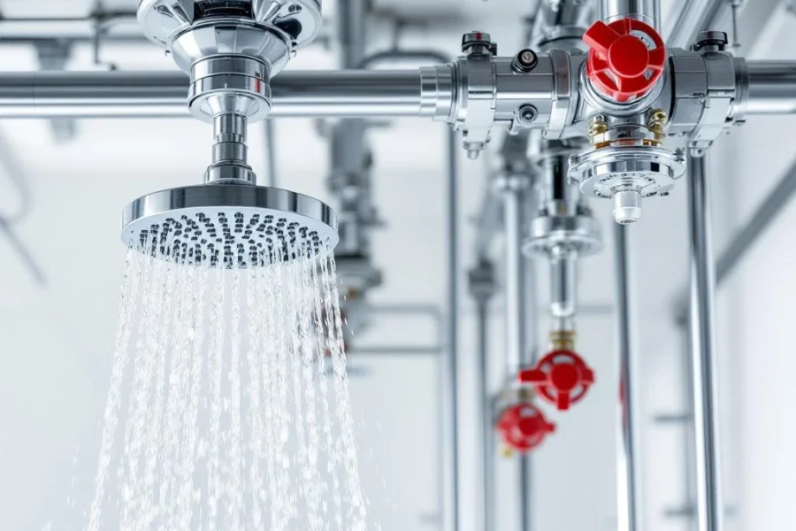 Sprinklerinstallatie met chromen sproeiers op stalen buizen, waterdruppels vallen van geactiveerde sprinkler op wit plafond