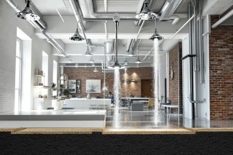 Moderne sprinklerinstallatie met chromen sproeiers aan wit plafond, zichtbare leidingen langs balken in gebouw