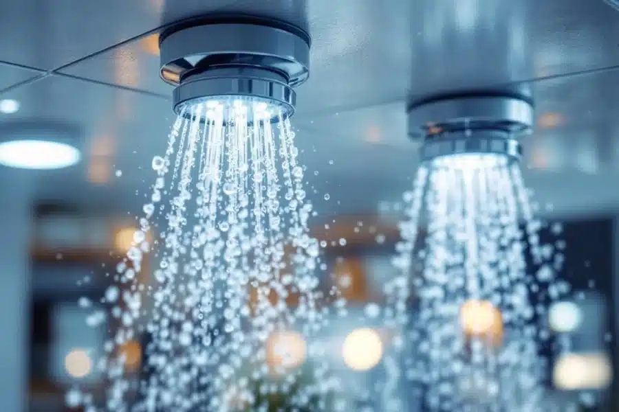 Actieve sprinklerkoppen spuiten water in modern kantoor met verzekeringsdocumenten op achtergrond