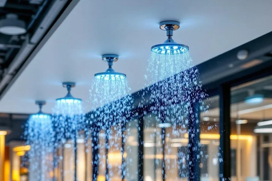 Moderne kantoorsprinklers in actie met waterdruppels op wit plafond in professioneel gebouw