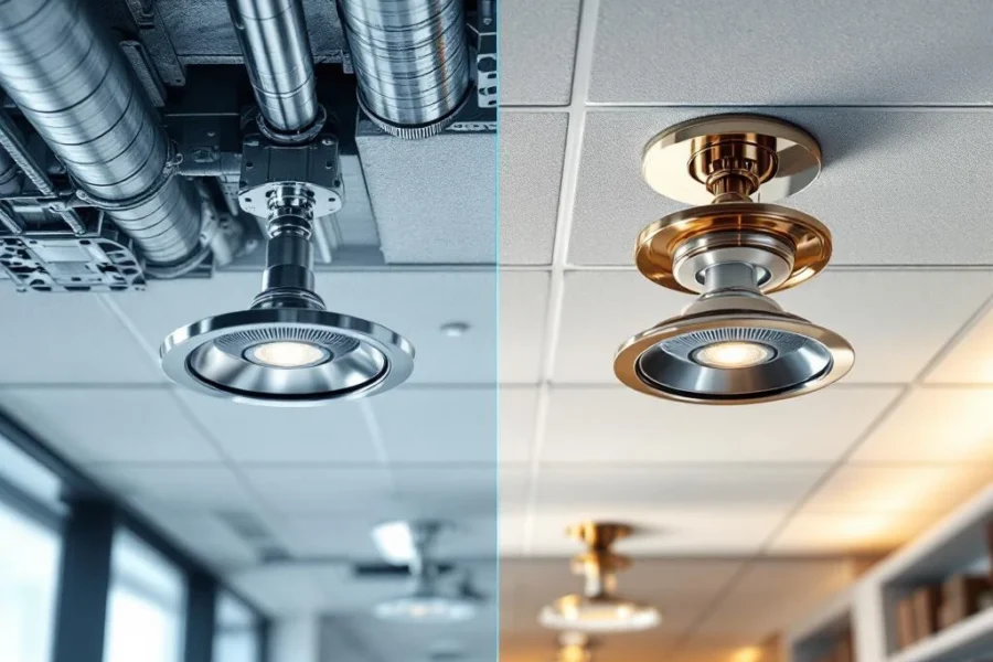 Moderne kantoorplafond met chromen sprinklerkoppen: links blootgestelde leidingen, rechts afgewerkte installatie