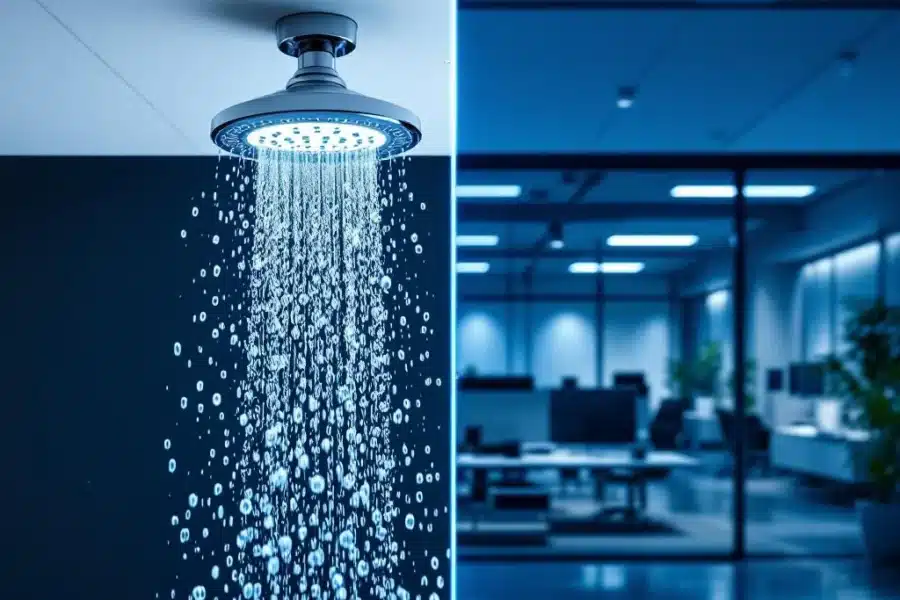 Moderne chromen sprinkler aan wit plafond met waterdrupp­els boven luxe kantoorinte­rieur met dure apparatuur