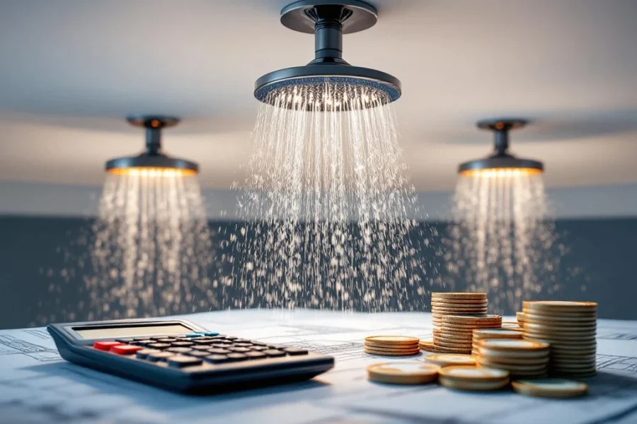 Sprinklerkoppen op wit plafond met watermist, bouwplannen, rekenmachine en eurobiljetten voor kostenberekening