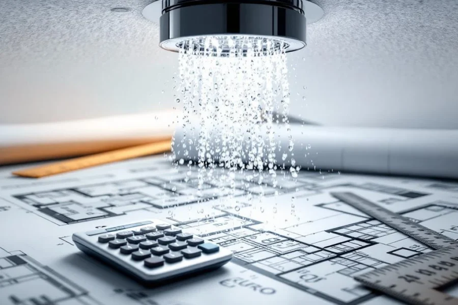 Chrome sprinkler met waterstraal boven calculator en blauwdrukken met euro symbolen voor kostencalculatie brandbeveiligingssysteem
