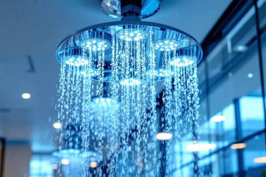 Moderne kantoorsprinklerinstallatie met chromen sproeiers op wit plafond, waterdruppels in blauw licht