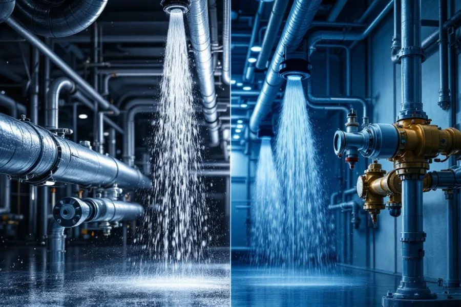 Vergelijking van natte en droge sprinklerinstallaties in moderne magazijnomgeving met gedetailleerde leidingconfiguraties