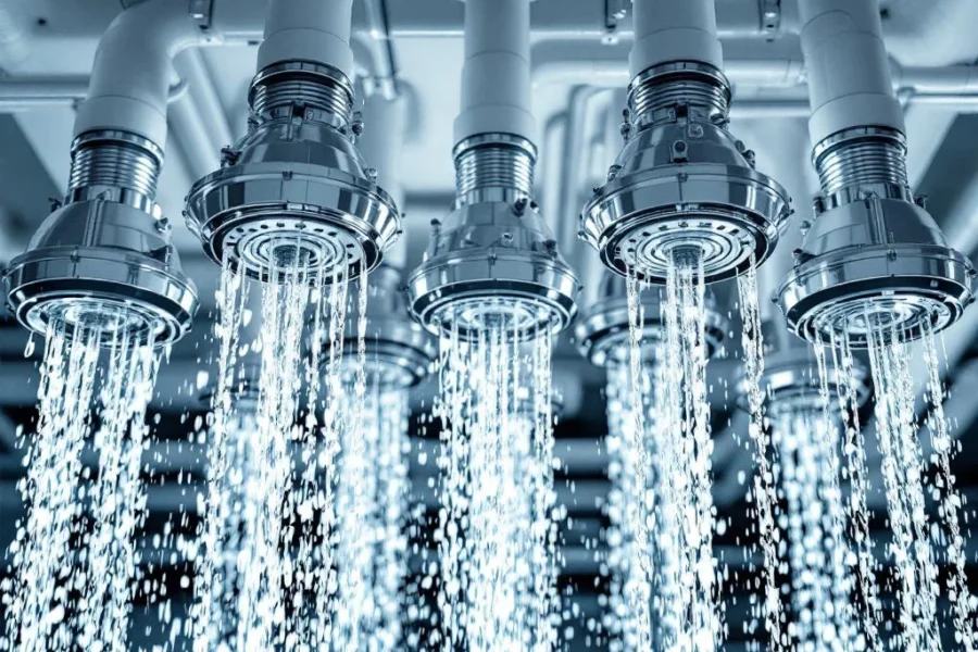 Moderne sprinklerkoppen op wit plafond met waterdruppels die naar beneden vallen, toont brandbeveiligingssystemen