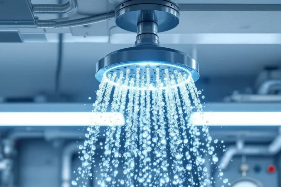 Moderne sprinkler wordt getest in industrieel plafond met waterstraal en veiligheidsapparatuur zichtbaar