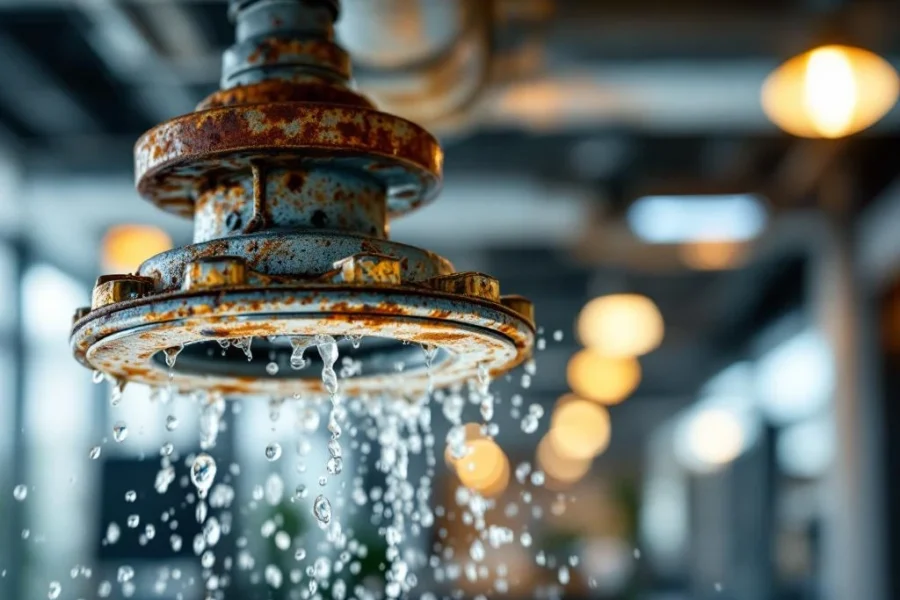 Verroeste sprinkler met corrosie en waterdruppels in voorgrond, nieuwe sprinkler systeem op achtergrond in modern kantoor